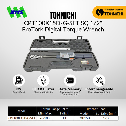 [EZM.1040104] Kunci Torsi Tohnichi CPT100X15D-G-SET SQ 1/2" ProTork Digital Torque Wrench for Tightening 20-100Nm / 200-1000 kgfcm Include Case Konci Momen CPT