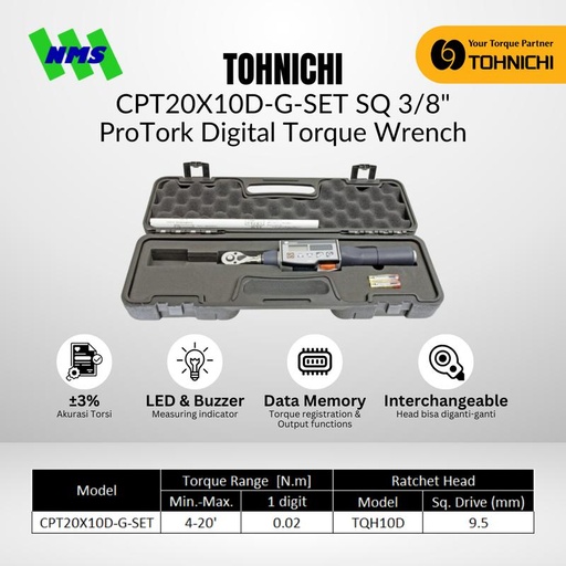 [EZM.1040106] Kunci Torsi Tohnichi CPT20X10D-G-SET SQ 3/8" ProTork Digital Torque Wrench for Tightening 4-20Nm / 40-200 kgfcm Include Case Konci Momen CPT