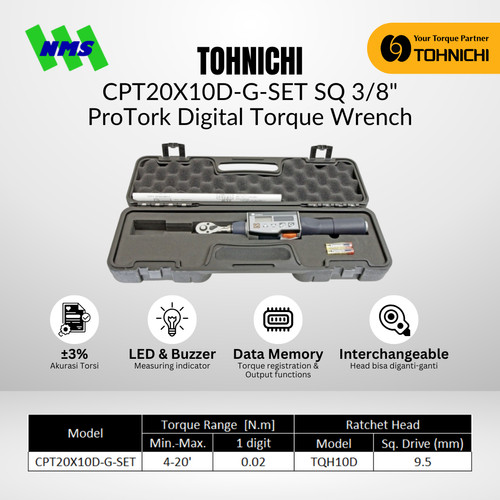 [EZM.1040106] Kunci Torsi Tohnichi CPT20X10D-G-SET SQ 3/8" ProTork Digital Torque Wrench for Tightening 4-20Nm / 40-200 kgfcm Include Case Konci Momen CPT