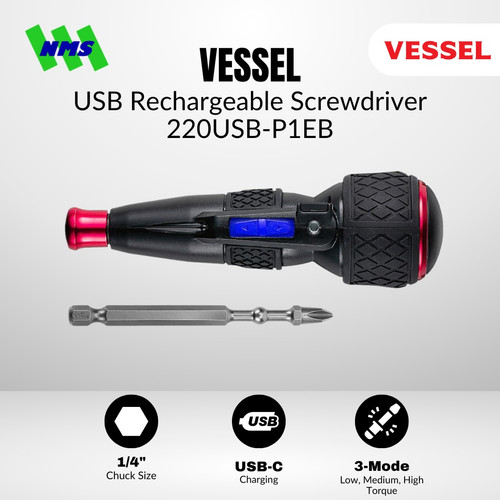 [EZM.1040107] Obeng Baterai Vessel 220USB-P1EB Electric Cordless Screwdriver Drill Ball Grip Plus 3 Mode Torsi 1.2Nm - 12Nm Portable Type C Japan
