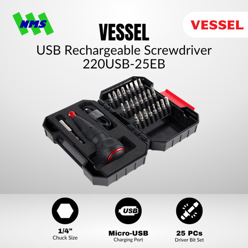 [EZM.1040108] Obeng Listrik Vessel 220USB-25EB Rechargeable Ball Grip Cordless Screwdriver with 25 pcs Bit Set Baterai Portable Electric Japan