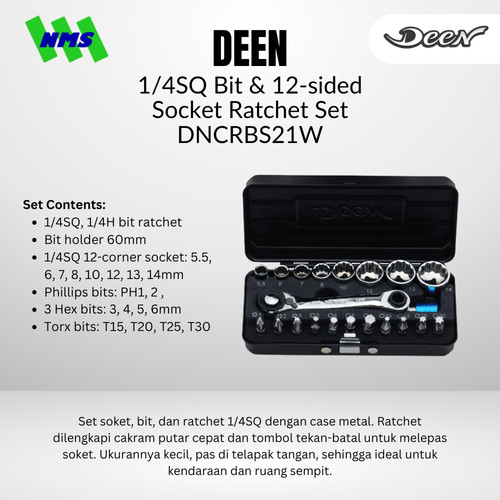 [EZM.1040112] Kunci Set Saku DEEN DNCRB21W SQ 1/4" Bit & 12-Sided Socket Ratchet pocket Set - Original Japan