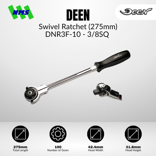[EZM.1040142] Handle Socket Panjang DEEN DNR3F-10 SQ 3/8"  Swivel Ratchet (275mm) Gagang Soket Kepala Fleksibel - Original Japan