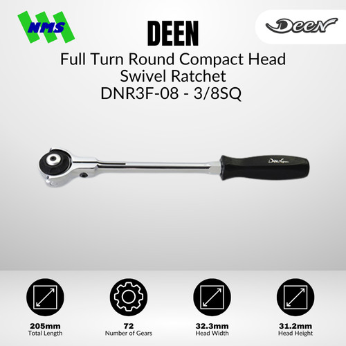 [EZM.1040143] Handle Socket DEEN DNR3F-08 SQ 3/8"  Full Trun Round Compact Head Swivel Ratchet Gagang Soket Kepala Fleksibel - Original Japan