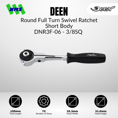 [EZM.1040144] Handle Socket Pendek DEEN DNR3F-06 SQ 3/8" Round Full Trun Swivel Ratchet Short Body Gagang Soket Kepala Fleksibel - Original Japan