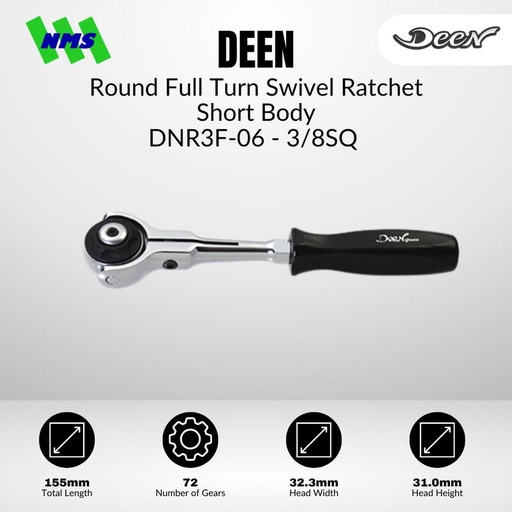 [EZM.1040144] Handle Socket Pendek DEEN DNR3F-06 SQ 3/8" Round Full Trun Swivel Ratchet Short Body Gagang Soket Kepala Fleksibel - Original Japan
