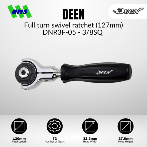[EZM.1040145] Handle Socket DEEN DNR3F-05 SQ 3/8" Full Turn Swivel Ratchet (127mm) Gagang Soket Kepala Fleksibel - Original Japan