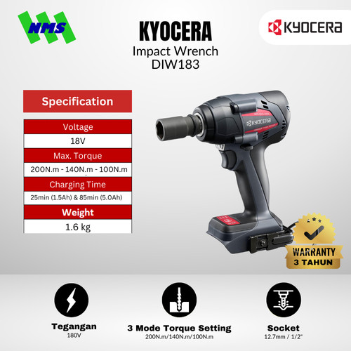 [EZM.1040159] Mesin Pengencang Baut KYOCERA DIW183 18V Brushless Impact Wrench SQ 1/2" Baterai Torsi 300Nm Set - Ryobi