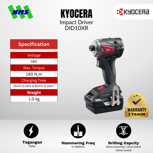 [EZM.1040160] Mesin Pengencang Baut KYOCERA DID10XR 18V Brushless Impact Driver Hex 1/4" Torsi 180Nm IP56 Wet & Dust Protection Full Set - Ryobi