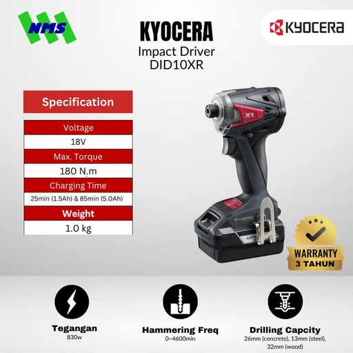 [EZM.1040160] Mesin Pengencang Baut KYOCERA DID10XR 18V Brushless Impact Driver Hex 1/4" Torsi 180Nm IP56 Wet & Dust Protection Full Set - Ryobi