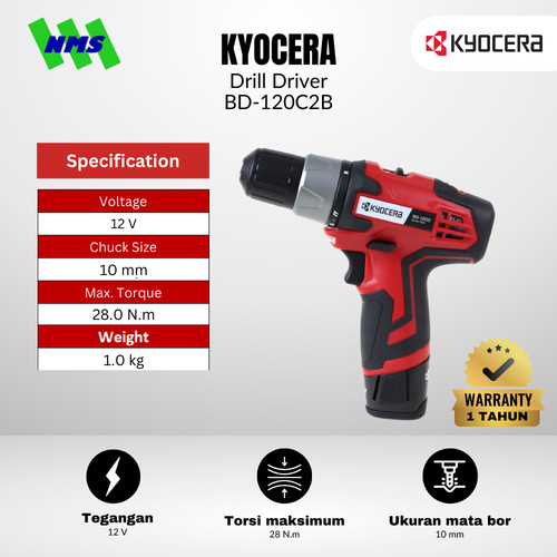 [EZM.1040162] Mesin Bor Baterai KYOCERA BD-120C2B Drill Driver Chuck 10mm Torsi 28Nm Speed 1300rpm Fullset - Ryobi