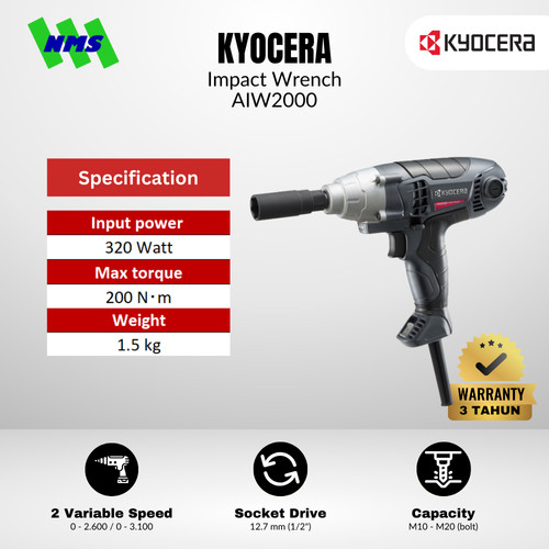 [EZM.1040170] Mesin Pengencang Baut Listrik KYOCERA AIW2000 SQ 1/2" Impact Wrench 200Nm 320W - Ryobi