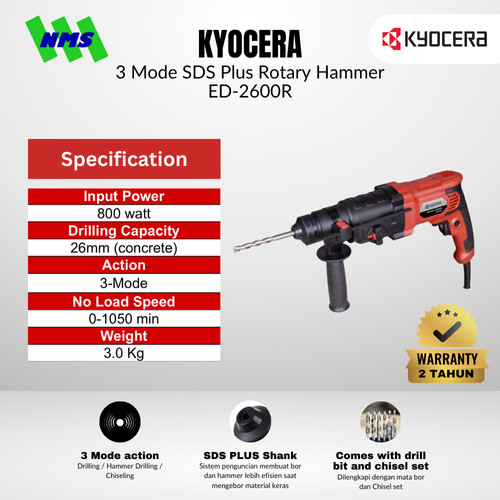[EZM.1040173] Mesin Bor Beton Listrik KYOCERA ED-2600R 26mm 3 Mode SDS Plus Rotary Hammer Speed Hammer 4860 800W Full Set - Ryobi