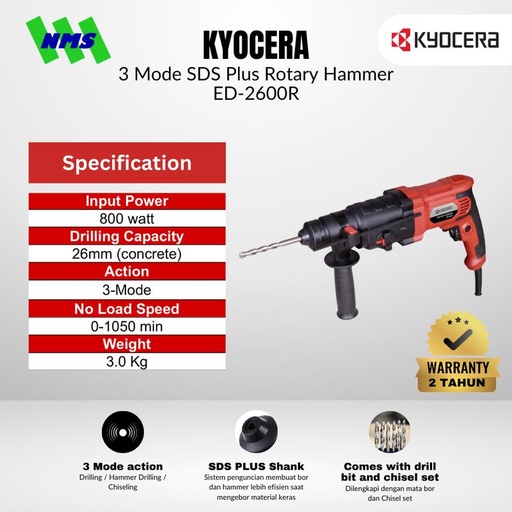 [EZM.1040173] Mesin Bor Beton Listrik KYOCERA ED-2600R 26mm 3 Mode SDS Plus Rotary Hammer Speed Hammer 4860 800W Full Set - Ryobi