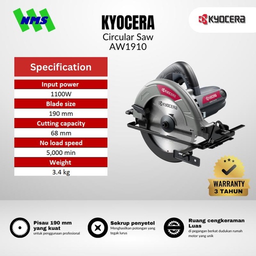 [EZM.1040177] Mesin Gergaji Kayu Listrik KYOCERA AW1910 High Performance Circular Saw 190mm Blade 1050W - Ryobi