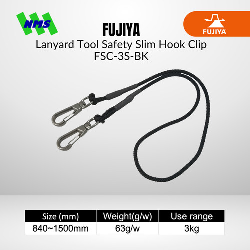 [EZM.1040189] Lanyard FUJIYA FSC-3S-BK Tool Safety 3Kg Slim Black Kurokin Stretch  840-1400mm Hook Clip