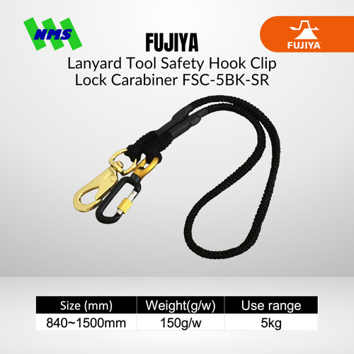 [EZM.1040193] Lanyard FUJIYA FSC-5BK-SR Tool Safety 5Kg Black Kurokin Stretch  840-1500mm Hook Clip and Lock Carabiner