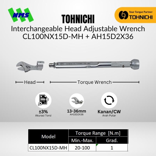 [EZM.1040204] Kunci Torsi Inggris TOHNICHI CL100NX15D-MH Torque Adjustable Wrench reparasi AC Refrigeran 20-100Nm Bundling AH15D 26mm 30mm 36mm