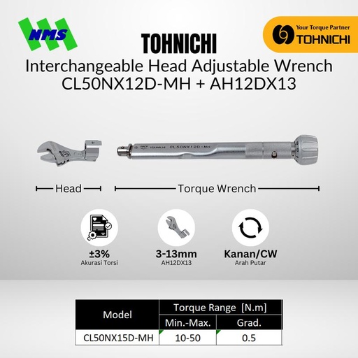[EZM.1040205] Kunci Torsi Inggris TOHNICHI CL50NX12D-MH Torque Adjustable Wrench reparasi AC Refrigeran 10-50Nm Bundling AH15D 13mm 26mm 30mm 36mm CL50NX15D-MH