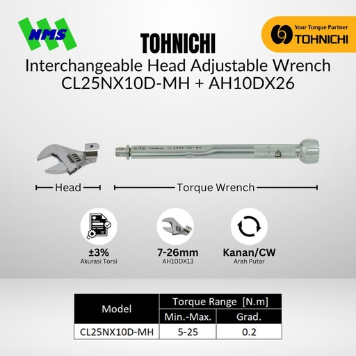 [EZM.1040206] Kunci Torsi Inggris TOHNICHI CL25NX10D-MH Torque Adjustable Wrench reparasi AC Refrigeran 5-25Nm Bundling AH10D 13mm 26mm