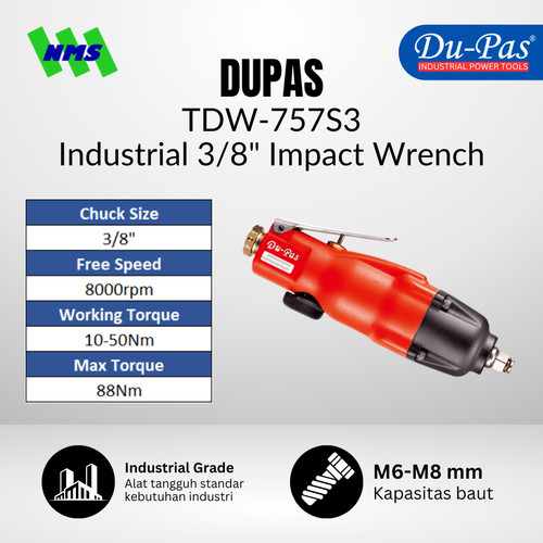[EZM.1040228] Mesin Pembuka Baut DUPAS TDW-757S3 Industrial Air Impact Straight SQ 3/8" 10-45Nm 8000RPM