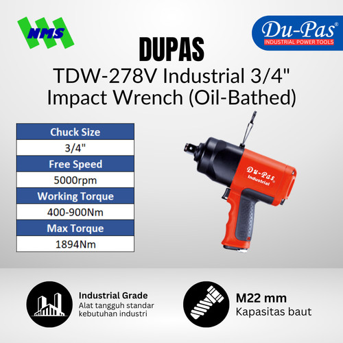 [EZM.1040229] Mesin Pembuka Baut DUPAS TDW-278V Oil-Bathed Industrial Air Impact SQ 3/4" Super Hammer 400-900Nm 5000RPM