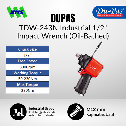 [EZM.1040231] Mesin Pembuka Baut DUPAS TDW-243N Oil-Bathed Industrial Air Impact SQ 1/2" Twin Hammer 50-220Nm 8000RPM