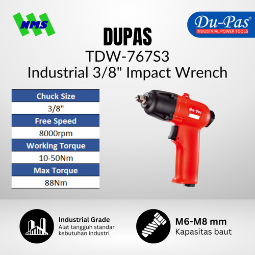 [EZM.1040235] Mesin Pembuka Baut DUPAS TDW-767S3 Industrial Air Impact SQ 3/8" 10-45Nm 8000RPM