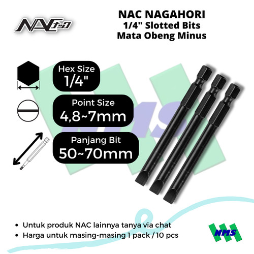 [EZM.1040243] Mata Obeng Minus NAC NAgahori 3M4870 3M6050 3M7070 Hex 1/4" Slotted Bits 4,8mm 6mm 7mm 50mm 70mm - Special Bundling