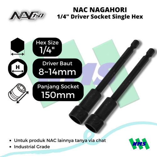 [EZM.1040244] Mata Soket NAC Nagahori 3B08-14 Hex 1/4" Bit Driver Socket 8~14mm Panjang 150mm - Special Bundling