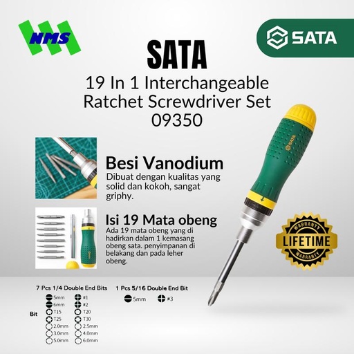 [EZM.1040368] Obeng Magnet Sata 09350 19 In 1 Multi-Purpose Ratchet Screwdriver Set Home Repair - Mata Obeng Bisa Diganti