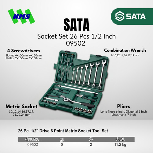 [EZM.1040377] Tool Kit Set 26 Pcs 1/2 Inch 09502 Metric SATA TOOLS 10-24mm - Kunci Kombinasi Pas Ring Obeng Tang Ratchet Extenstion