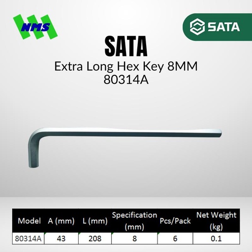 [EZM.1040586] Kunci L SATA 80314A Extra Long Hex Keys 8mm x 208mm