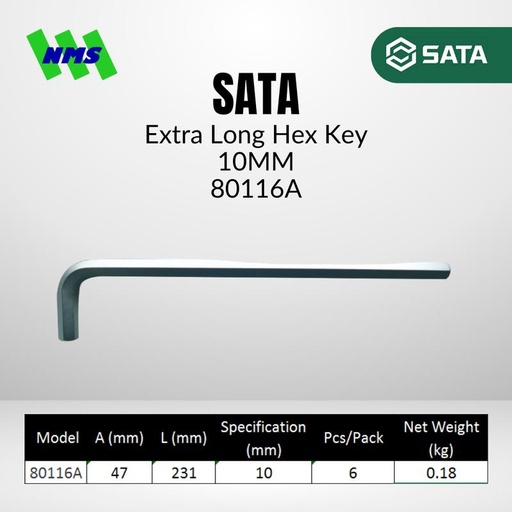 [EZM.1040592] Kunci L SATA 80116A Extra Long  Ball Point Hex Key 10mm x 231mm