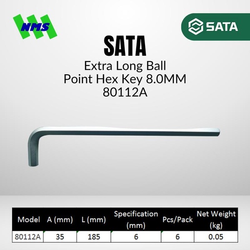 [EZM.1040594] Kunci L SATA 80112A Extra Long  Ball Point Hex Key 6mm x 185mm