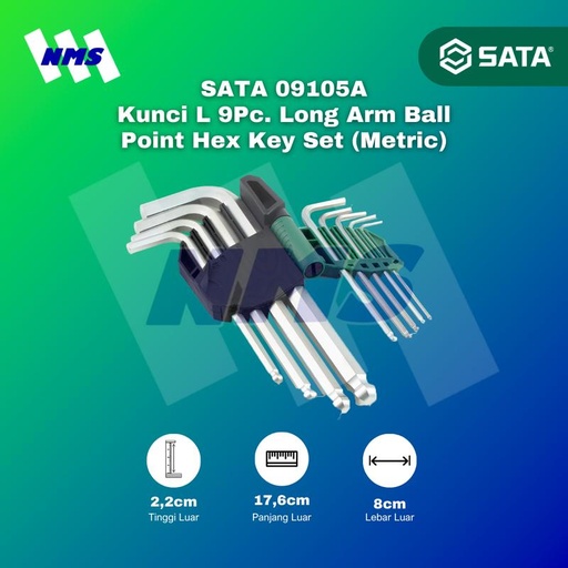 [EZM.1040665] Kunci L SATA 09105A 9Pc. Long Arm Ball Point Hex Key Set 1.5mm ~ 10mm