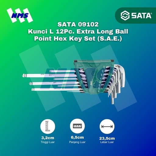 [EZM.1040668] Kunci L SATA 09102 12Pc Extra Long Ball Point Hex Key Set 1/16" ~ 3/8"