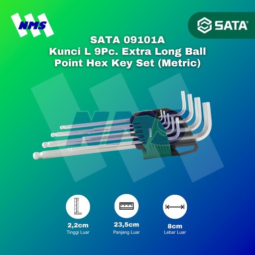 [EZM.1040669] Kunci L SATA 09101A 9Pc Extra Long Ball Point Hex Key Set 1.5mm ~ 10mm