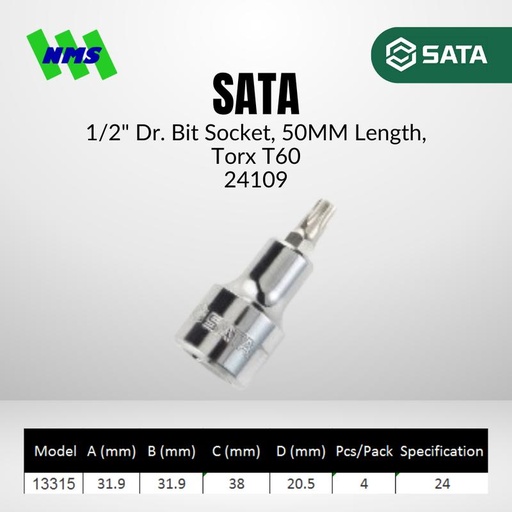 [EZM.1040728] Bit Sok Bintang SATA 24109 1/2" Dr. Bit Socket, 50mm , Torx T60