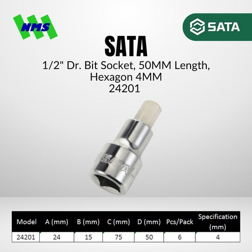 [EZM.1040738] Kunci L Soket SATA 24201 1/2" Dr. 50L Hex Bit Socket 4 mm