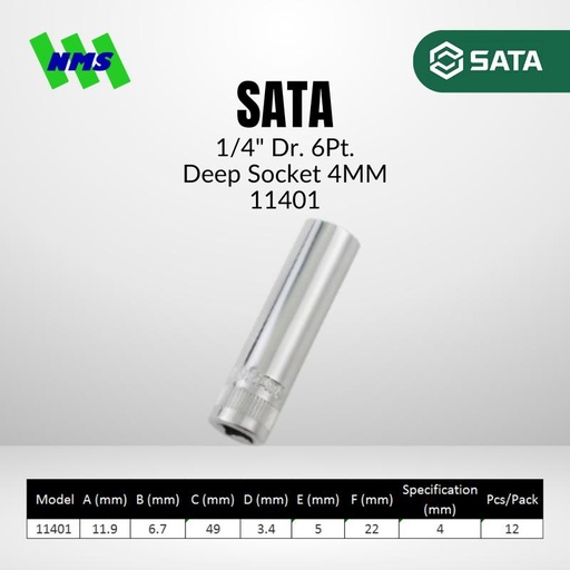 [EZM.1040740] Kunci Soket Panjang SATA 11401 1/4" Dr. 6Pt. Deep Socket 4mm