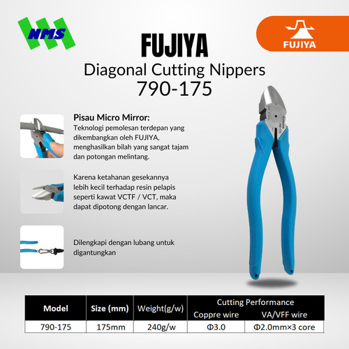 [EZM.1041515] Tang Potong FUJIYA 790-175 Diagonal Cutting Nippers Japan 175mm 7 Inci
