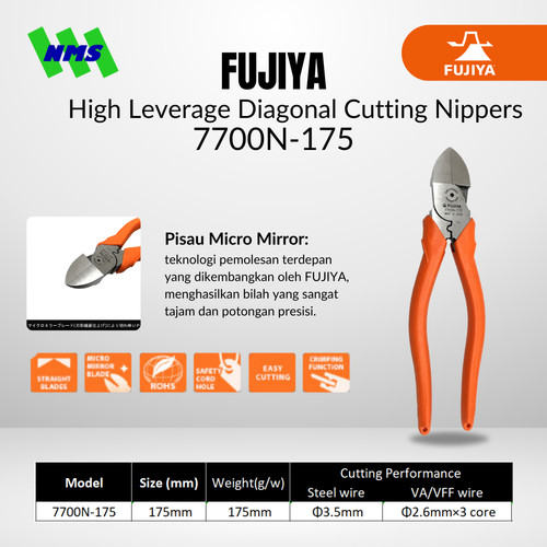 [EZM.1041531] Tang FUJIYA 7700N-175 High Leverage Diagonal Cutting Nippers Japan