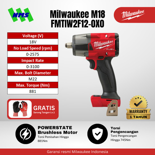 [EZM.1041581] Milwaukee 1/2" M18 FMTIW2F12-0X0 FUEL Mid Torque Impact Wrench Mesin Pembuka Baut