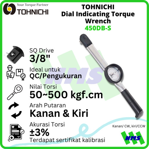 [EZM.1041637] Kunci Torsi 50-500 Kgf.cm 3/8" TOHNICHI DB500M-S Dial Torque Wrench (Suksesor 450DB-S)