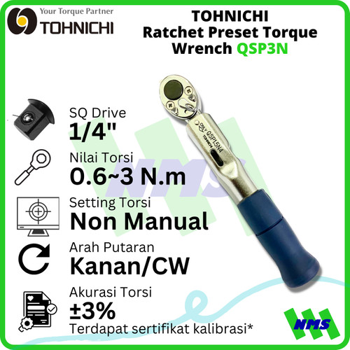 [EZM.1043767] Kunci Torsi QSP3N 1/4" 0.6-3 Nm TOHNICHI Preset Torque Wrench