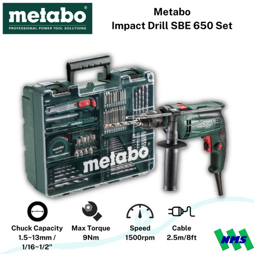 [EZM.1044257] Mesin Bor Listrik 1.5-13mm Set SBE 650 Impact Drill SBE650 METABO ORI