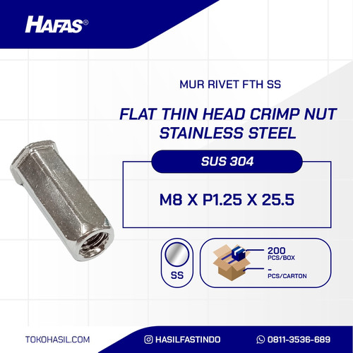 [EZR.2300023] Flat Thin Head Crimp Nut M8 x P1.25 x 25.5 - Stainless Steel SUS304 (Mur Rivet FTH SS)