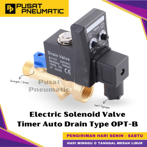 [EZM.9500023] OPT-B Electric Solenoid Valve Timer Kuningan Selenoid Valve Brass Auto Drain 16 Bar Input Drat 1/2" Inch 230 VAC Split Body Type OPT B