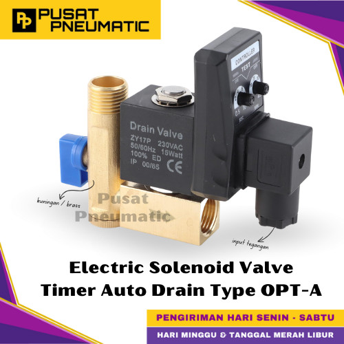 [EZM.9500024] OPT-A Electric Solenoid Valve Timer Kuningan Selenoid Valve Brass Auto Drain 16 Bar Input Drat 1/2" Inch 230 VAC Split BodyType OPT A